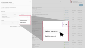 Student college application request is open. "Initital transcript" has a status of "Not started". The cursor is clicking the three-dot menu and selecting Upload transcript